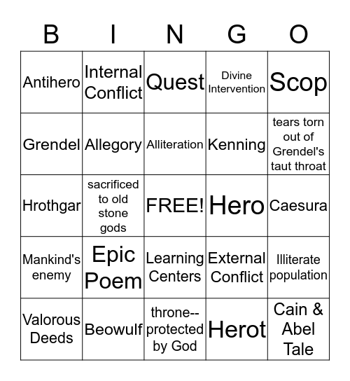 Anglo-Saxon Poetry Bingo Card
