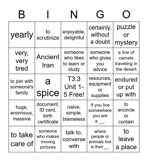 THINKO: T4.1 Vocabulary Units 1-5 Bingo Card