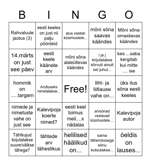 eesti keel Bingo Card