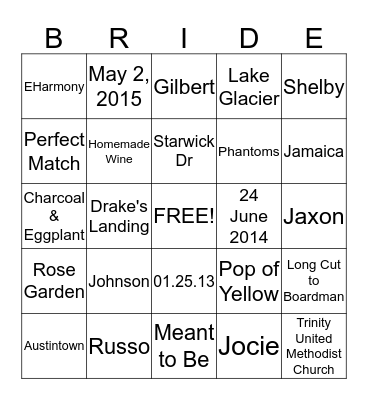 Bridal Shower Bingo Card