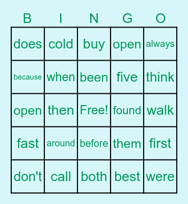 Sight Words Bingo Card