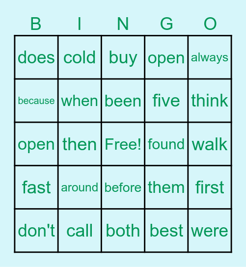Sight Words Bingo Card