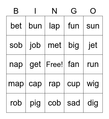 3 - LETTER WORDS #1 Bingo Card