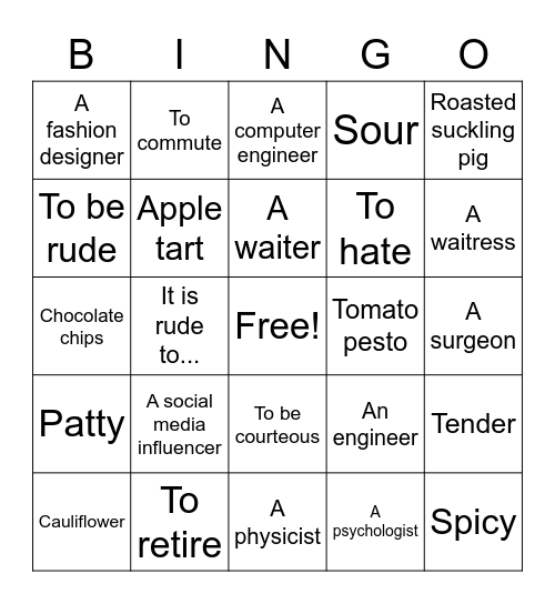 Food and work Bingo Card