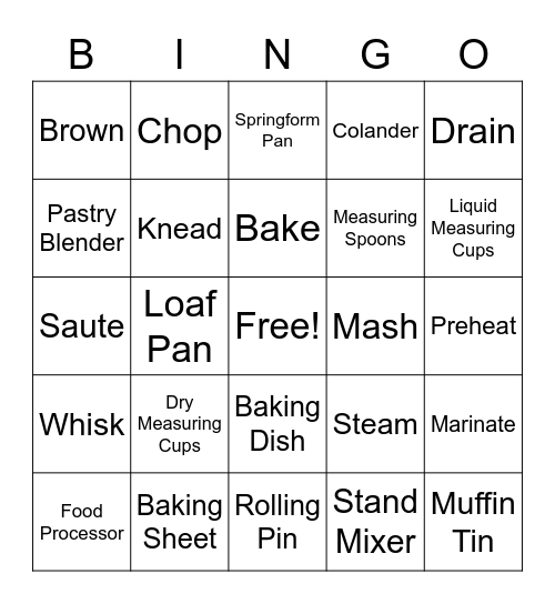Cooking Terms & Cooking Utensils Bingo Card