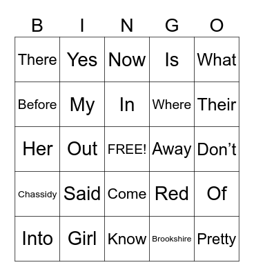 Sight Words Bingo Card
