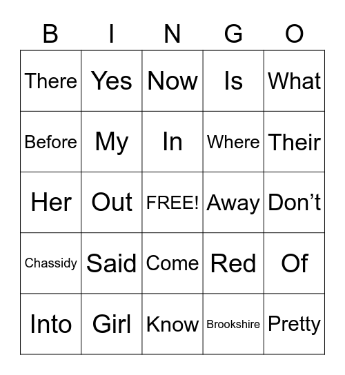 Sight Words Bingo Card