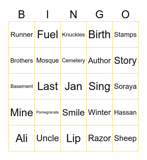 Kite Runner Bingo Card