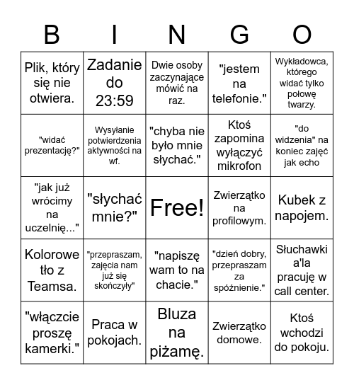 Zdalne nauczanie Bingo Card
