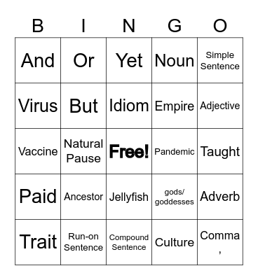 Vocabulary Bingo Card