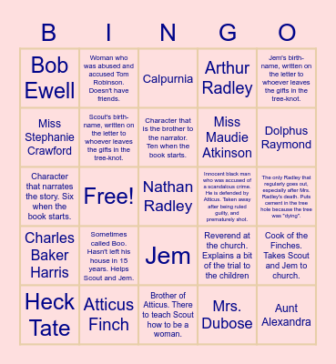 To Kill a Mockingbird Character Bingo Card