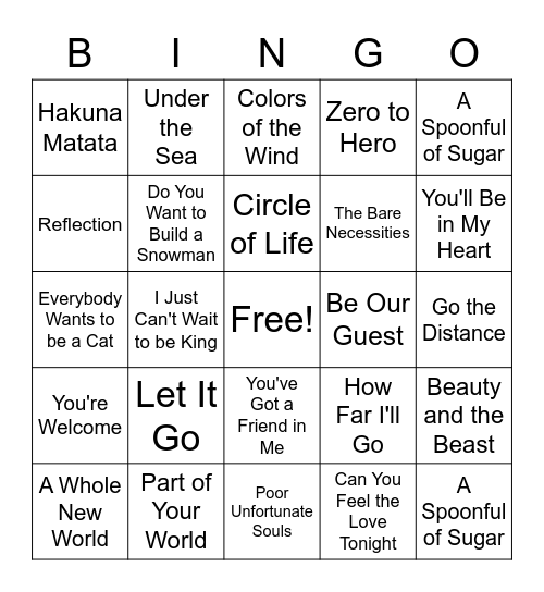 Disney Songs! Bingo Card
