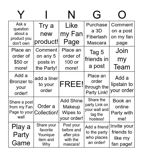 Younique Yingo! Bingo Card