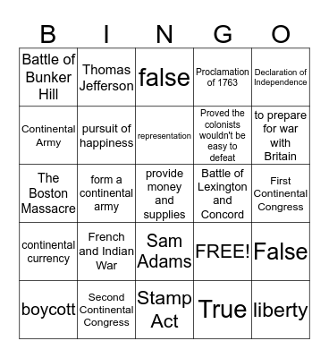 Road to Revolution Bingo Card