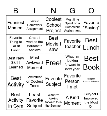 End of the Year Bingo Card