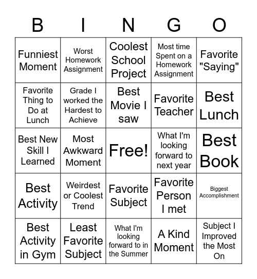 End of the Year Bingo Card