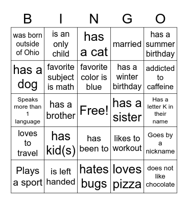 AB Hart Orientation Bingo Card