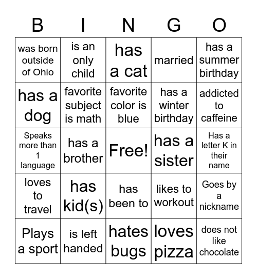 AB Hart Orientation Bingo Card