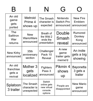 Nintendo E3 Bingo Card