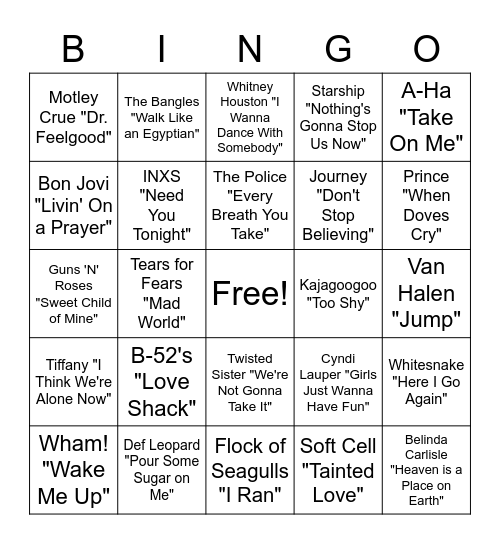 80's Bingo Card