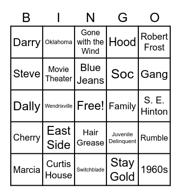 The Outsiders Bingo Card