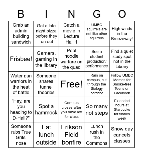 New to UMBC Bingo Card