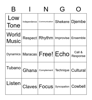 World Drumming Vocabulary Bingo Card