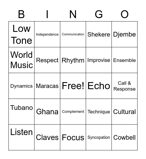 World Drumming Vocabulary Bingo Card