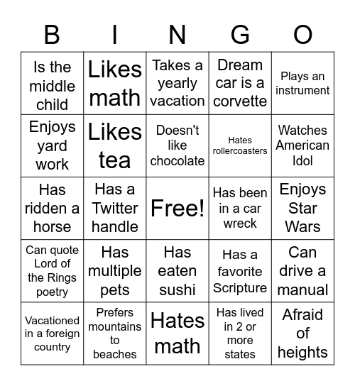 Icebreaker Bingo Card