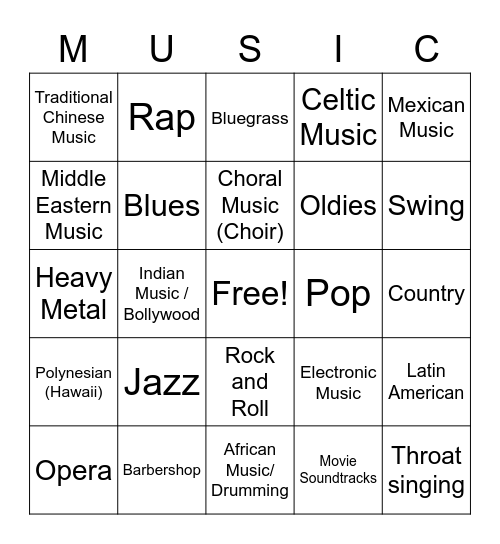 MUSIC GENRE BINGO Card
