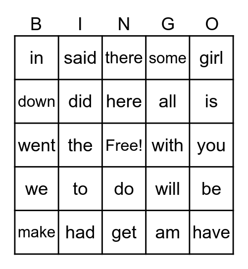 Kindergarten Sight Words Bingo Card