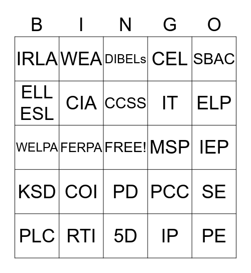 Education Acronym Bingo Card