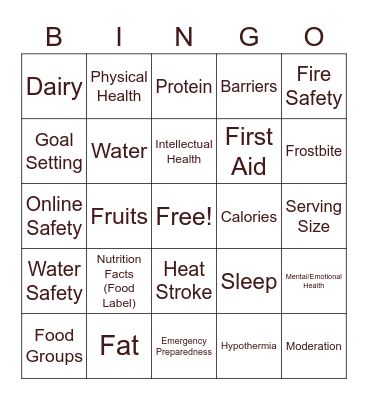 6th & 7th Health Review Bingo Card
