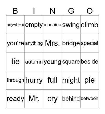 Unit 20 reading words Bingo Card