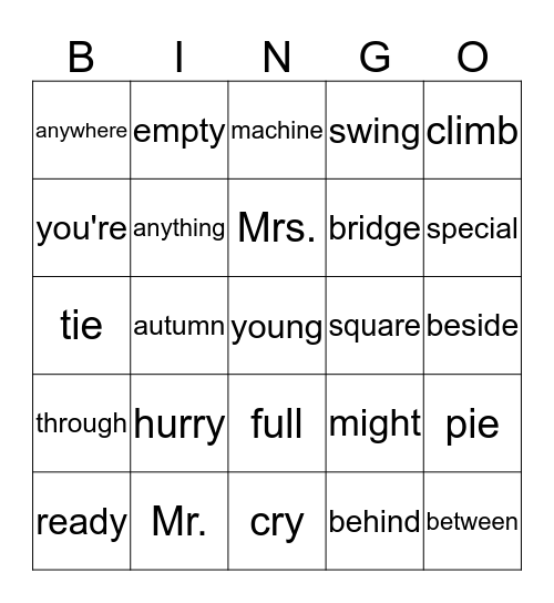Unit 20 reading words Bingo Card
