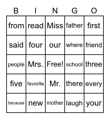 Sight Word BINGO Card