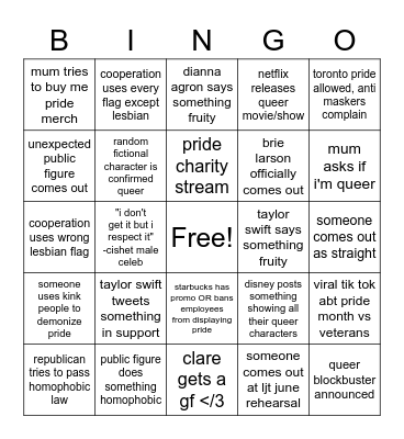 pride month bingo Card