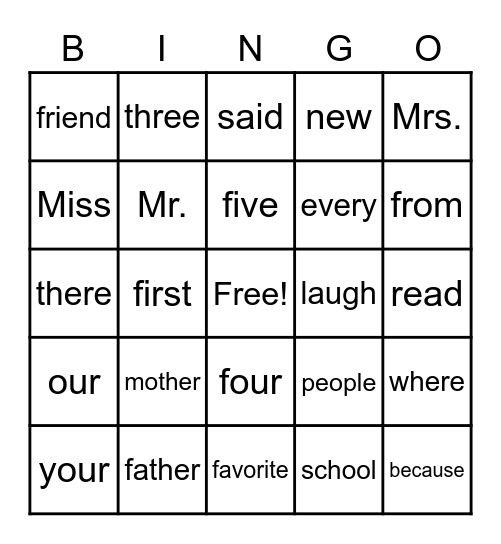 Sight Word BINGO Card