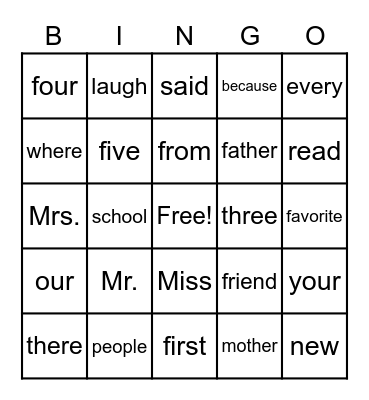Sight Word BINGO Card