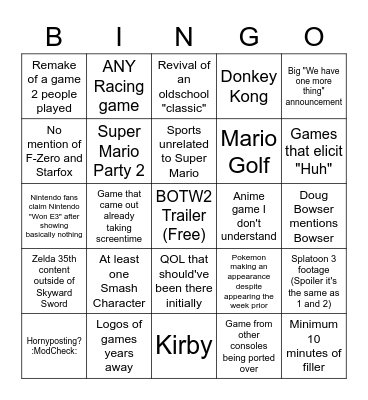 Nintendo E3 Bingo Card