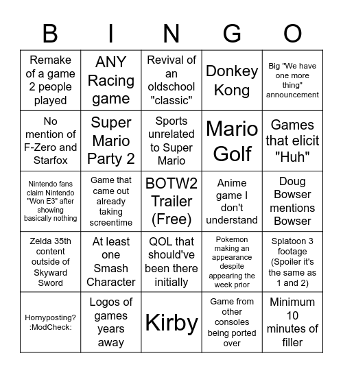 Nintendo E3 Bingo Card