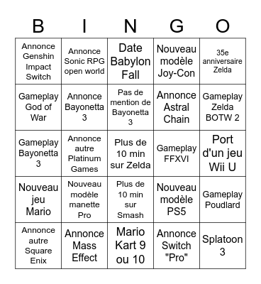 Nintendo E3 Bingo Card