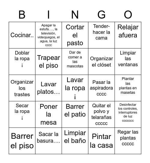 Los quehaceres Bingo Card