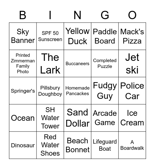 Zimmerman Beach 2021 Bingo Card