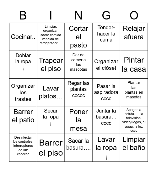 Los quehaceres Bingo Card