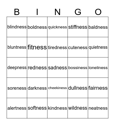 -ness suffix bingo Card