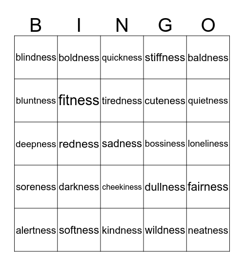 -ness suffix bingo Card