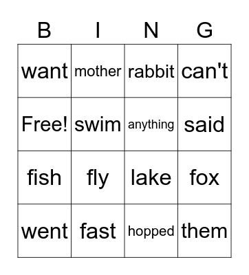 A Fast Fox Bingo Card