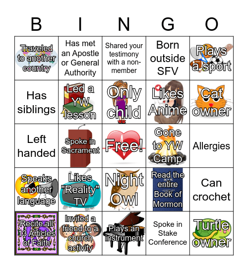 Young Women's Bingo Card