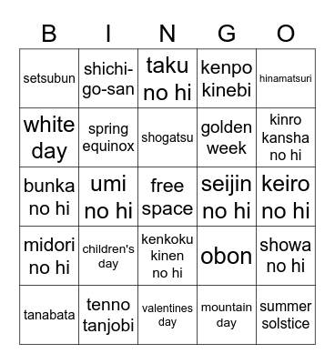 traditions/holidays Bingo Card